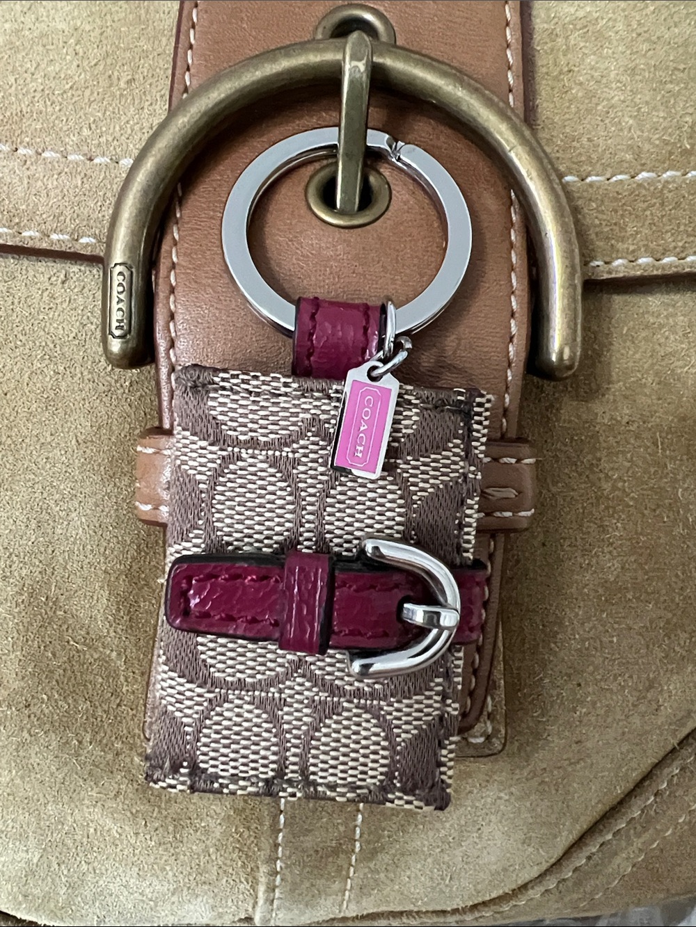 COACH Brown Signature Photo Book Key Holder with Burgundy Leather Trim